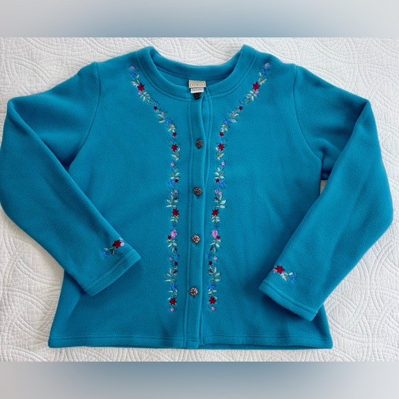 L.L. Bean Vintage Teal Fleece Floral Embroidery Medium - Picture 2 of 9